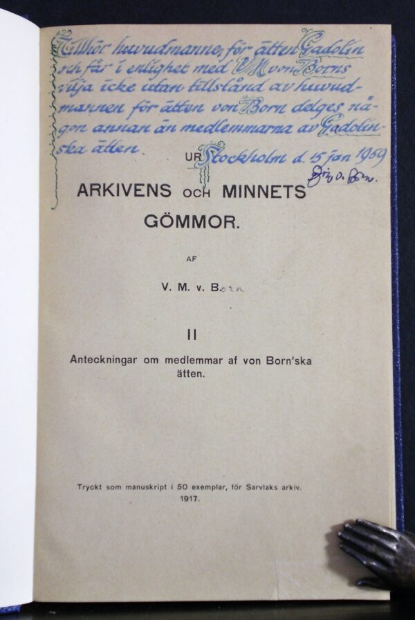 V. M. von BORN Anteckningar om medlemmar af von Born'ska ätten (1917)