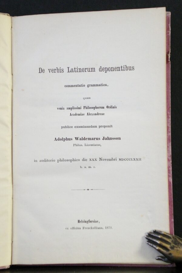 Waldemar Adolph Jahnsson De verbis Latinorum deponentibus, commentatio grammatica (1872)