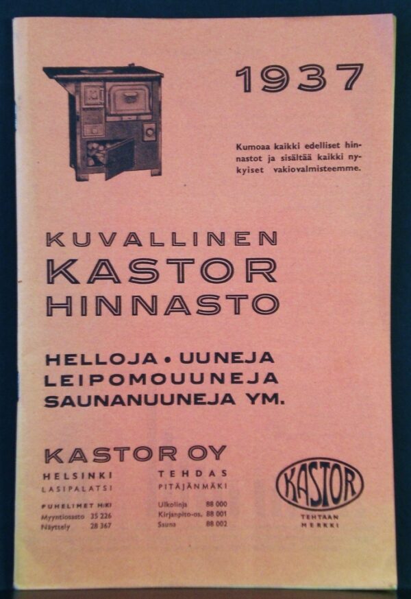 Kastor Oy. Kuvallinen Kastor hinnasto 1937