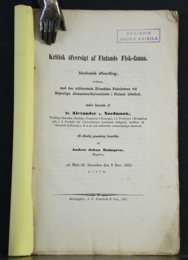 ANDERS JOHAN MALMGREN Kritisk öfversigt af Finlands Fisk-fauna (1863)