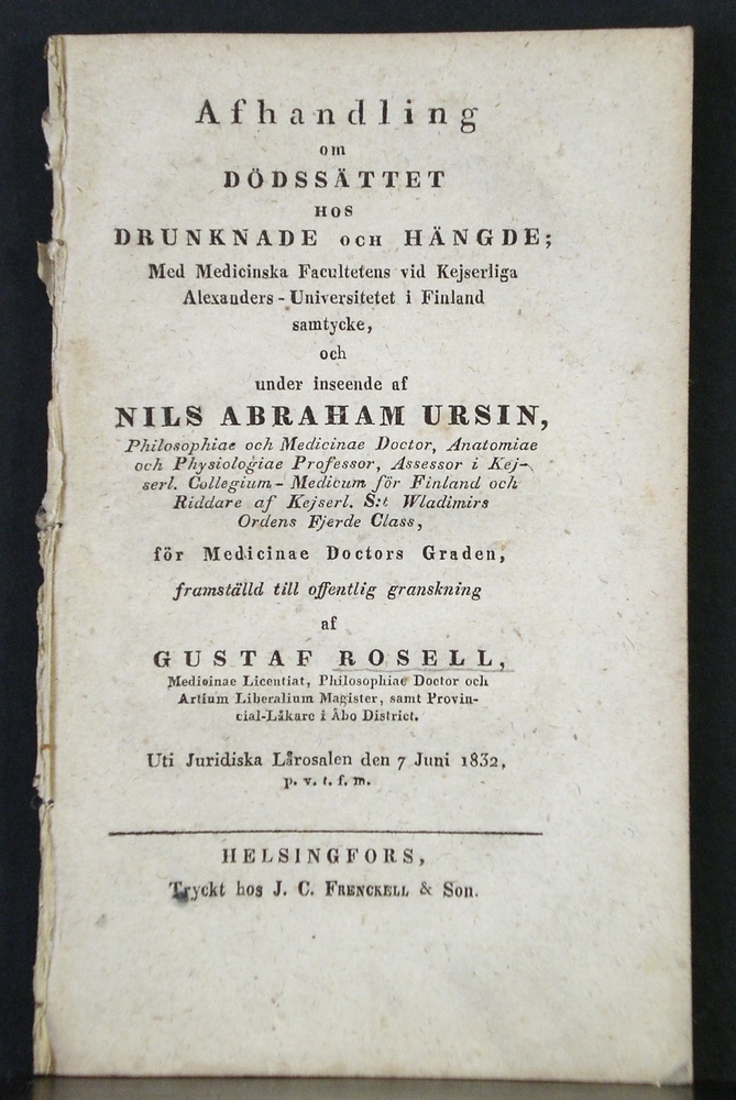 GUSTAF ROSELL Afhandling om dödssättet hos drunknade och hängde (1832)