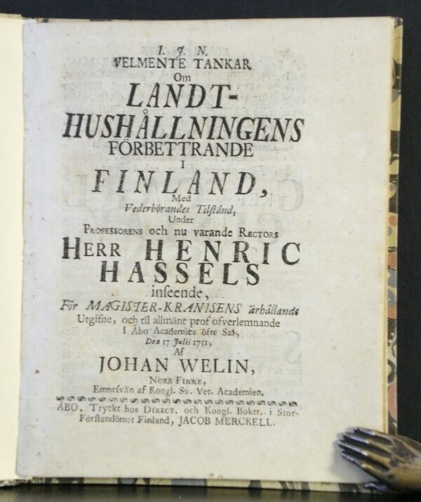 Welin - Hassel: Velmente tankar om landt-hushållningens förbettrande i Finland (1751)
