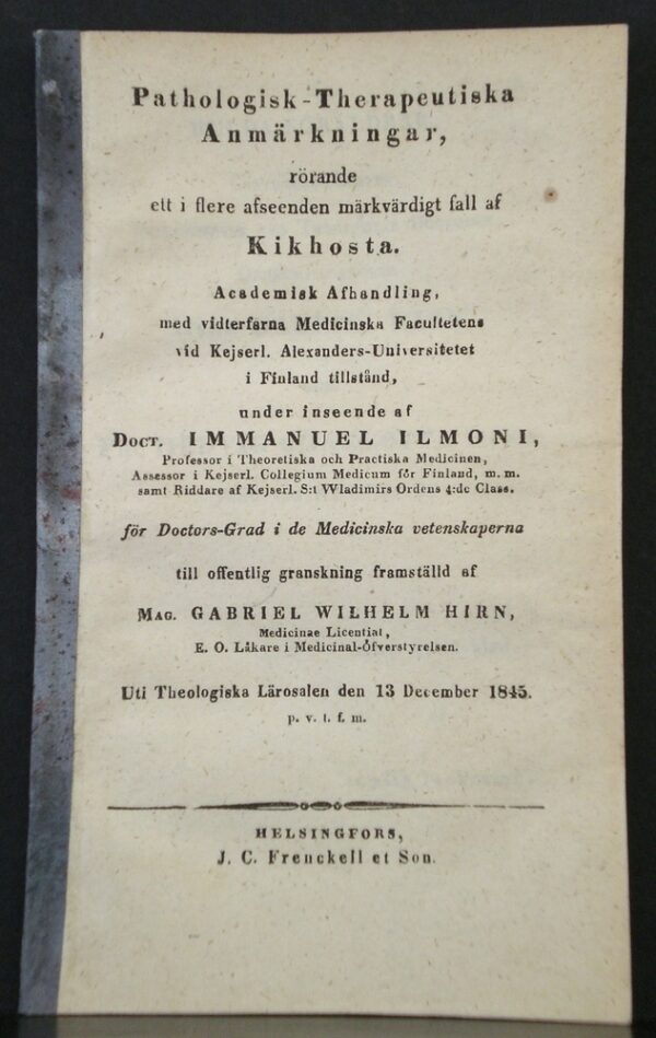 Pathologisk-therapeutiska anmärkningar rörande ett i flera afseenden märkvärdiga fall av kikhosta (1845)