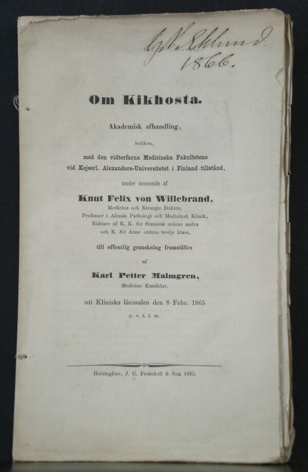 Om kikhosta. Akademisk afhandling (1865)