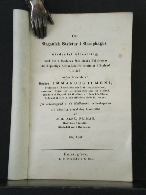 Om organisk strictur i Oesophagus. Akademisk afhandling (1847)