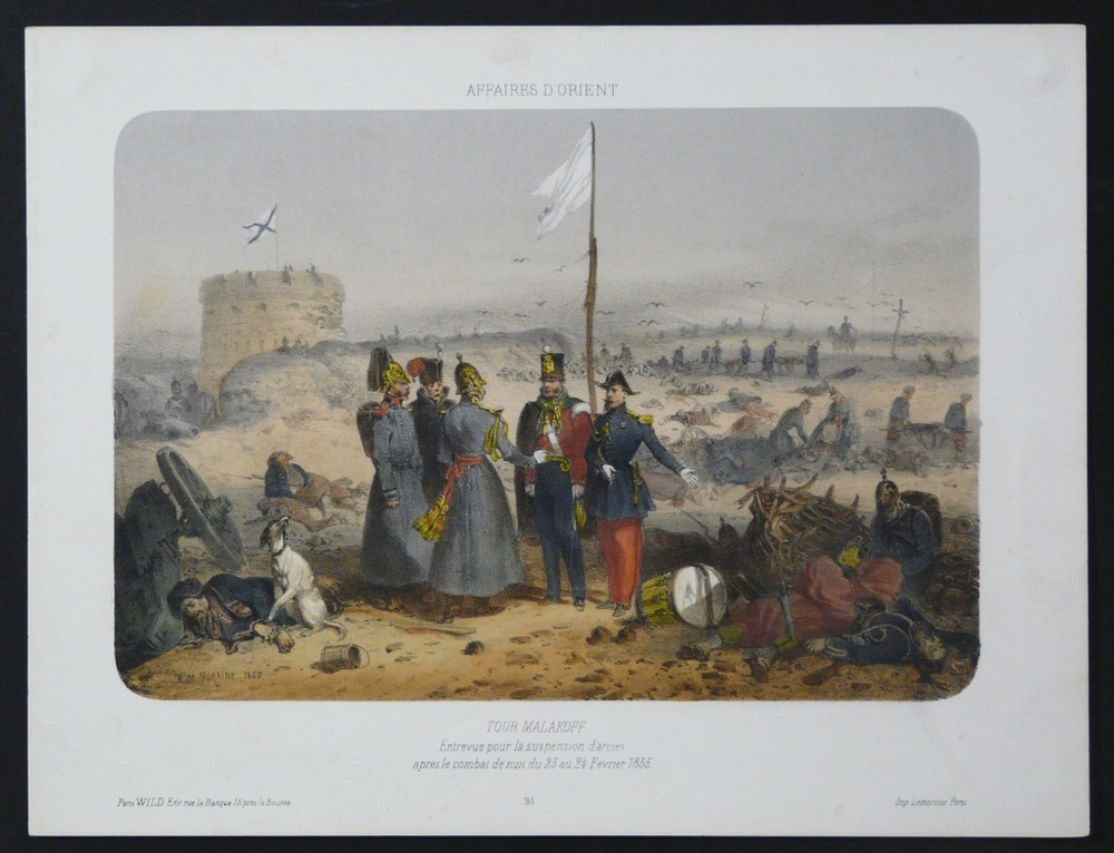 Affaires d'Orient. Tour Malakoff. Entrevue pour la suspension d'armes aprés le combat de nuit du 23 au 24 Fevrier 1855
