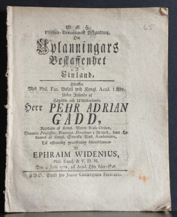 PEHR ADRIAN GADD Physico-oeconomisk afhandling, om uplanningars beskaffenhet i Finland (1772)
