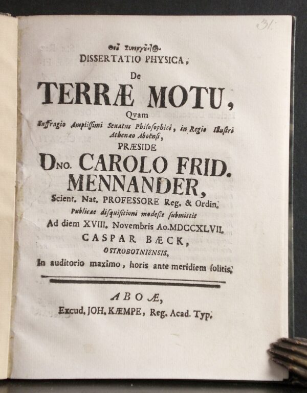 MENNANDER CARL FREDRIK Dissertatio physica, de Terrae Motu (1747)