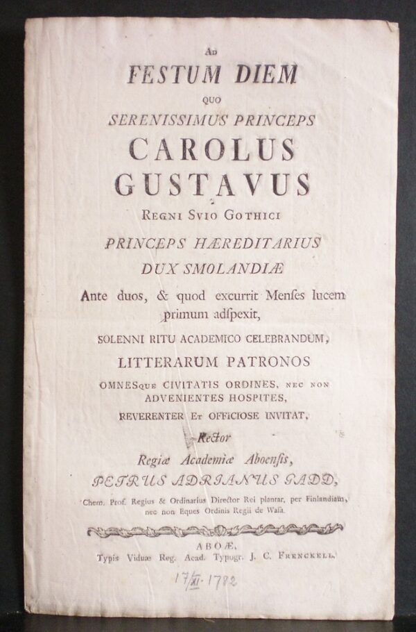 Ad festum Diem quo serenissimus princeps Carolus Gustavus (1782)
