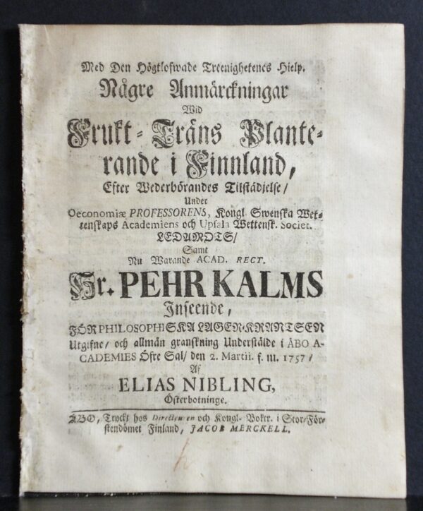KALM PEHR Några anmärckningar wid frukt-träns planterande i Finnland (1757)