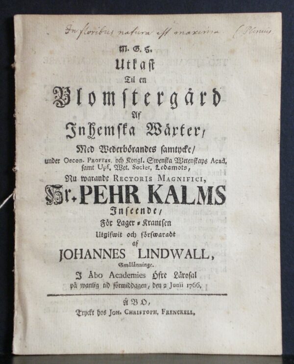KALM PEHR Utkast til en blomstergård af inhemska wäxter (1766)