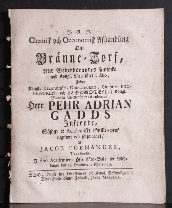 GADD PEHR ADRIAN Om bränne-torf (1759)