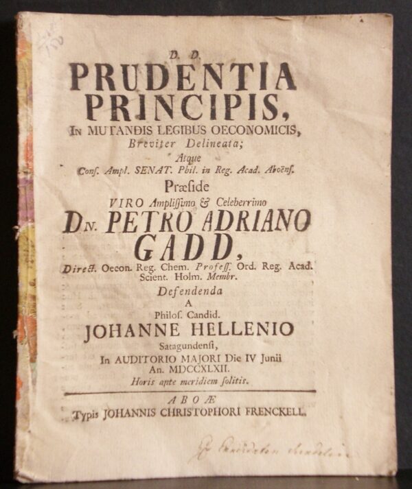 Gadd, Pehr Adrian Hellenius, Johannes Prudentia principis, in