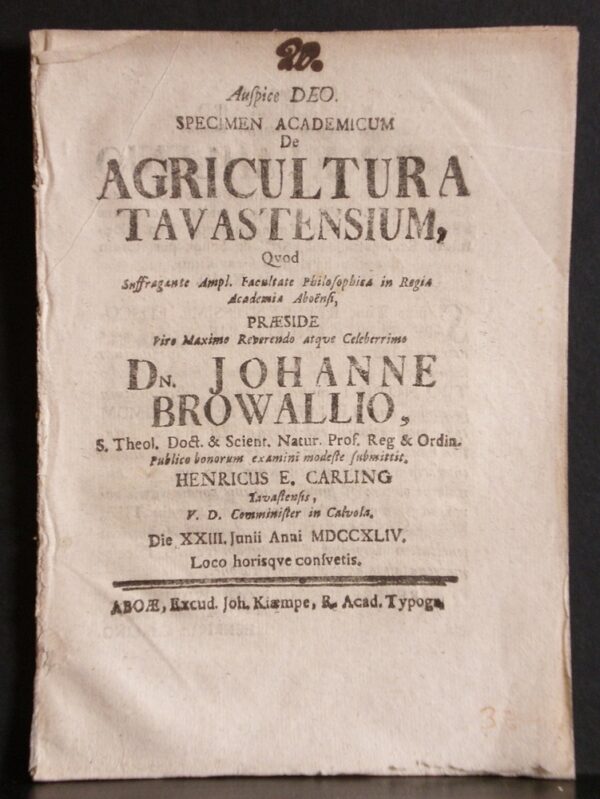 BROWALLIUS JOHANNES De agricultura Tavastensium (1744)