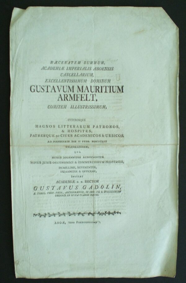 Maecenatem summum, Academiae imperialis Aboensis cancellarium, excellentissimum dominum Gustavum Mauritium Armfelt (1813)