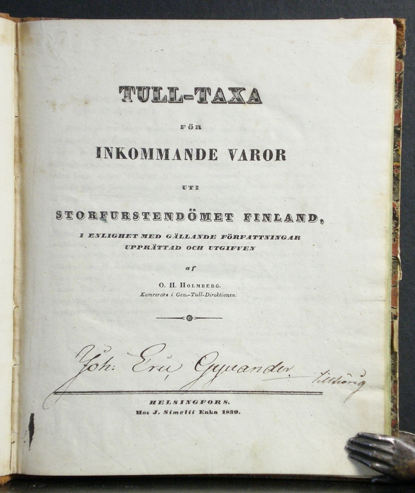 Tull-taxa för inkommande varor uti storfurstendömet Finland 1839