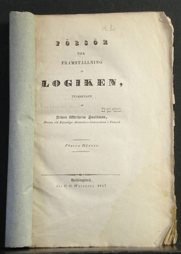 Johan Wilhelm Snellman Försök till framställning af logiken (1837)