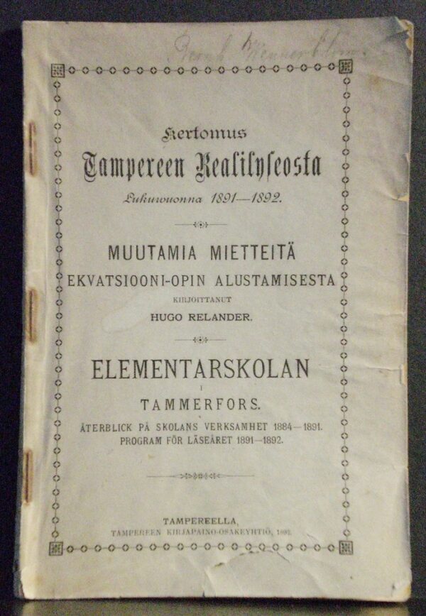 HUGO RELANDER Kertomus Tampereen Realilyseosta lukuvuonna 1891-1892