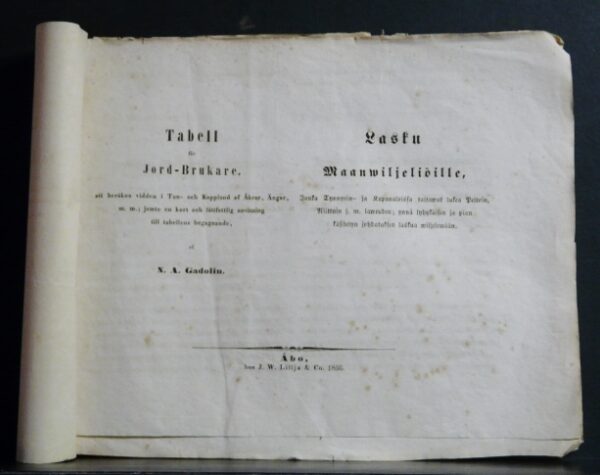 NILS ANDERS GADOLIN Tabell för jord-brukare. Lasku maanviljeliöille (1856)