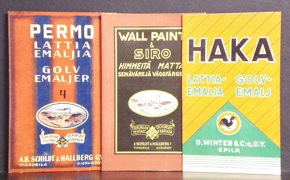 Maalinäytteitä 3 kpl. Permo lattia-emaljia. Wall paint & Siro. Haka lattia-emalia. 1930-luvulta.