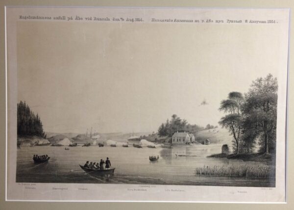 Chiewitz - Reinberg: Engelsmännens anfall på Åbo vid Runsala den 22/10 Aug. 1854. Нападение Англичанъ на г. Або при Рунсале 10/22 Августа 1834. Hirvensalo, Köpmansgrund, Vittakari, Stora Bockholmen, Lilla Bockholmen, Runsala