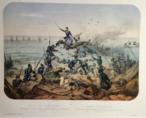 Taking of Bomarsund. the 12th Battalion of Chasseurs de Vincennes, scale the Granite rock protecting the Chief Tower. 15th April 1854