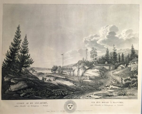 Belanger, L. & J. A. Cordier: Utsigt af en såg-qvarn, emillan Allerdlet och Helsingkorpe i Finland. Vue d'un moulin à Planches, entre Allersdlet et Helsingkorpe en Finland