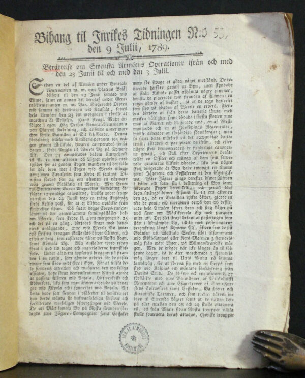 Berättlese om Swenska Arméens Operationer ifrån och med den 23 Junii til och med den 3 Julii. Bihang til Inrikes Tidningen N:o 53, den 9 Julii, 1789