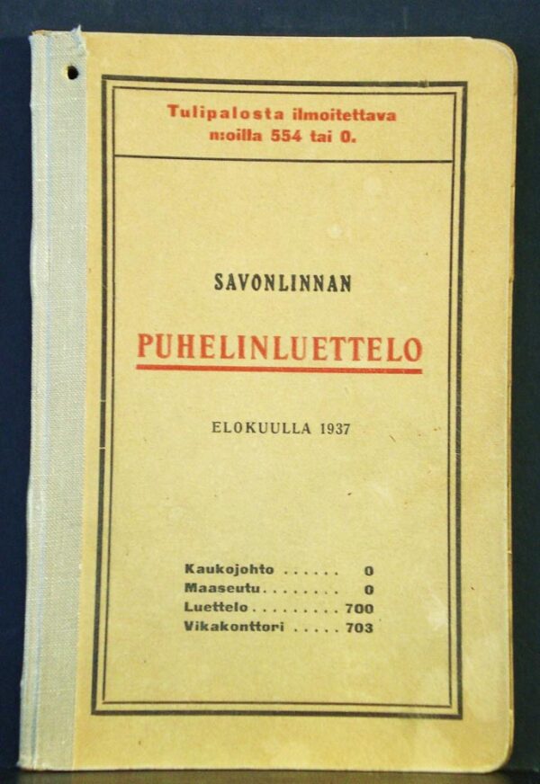 Savonlinnan puhelinluettelo elokuulla 1937