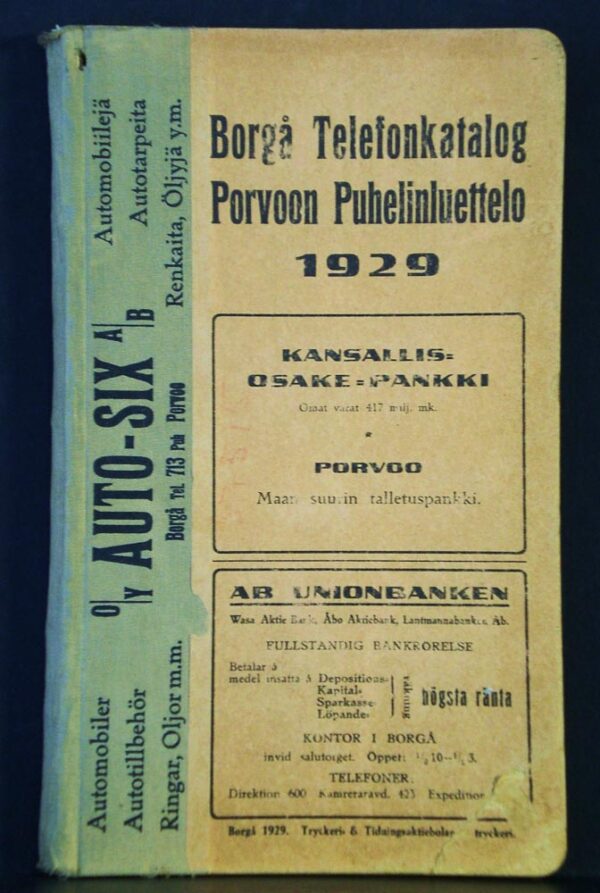 Borgå telefonkatalog. Porvoon puhelinluettelo 1929