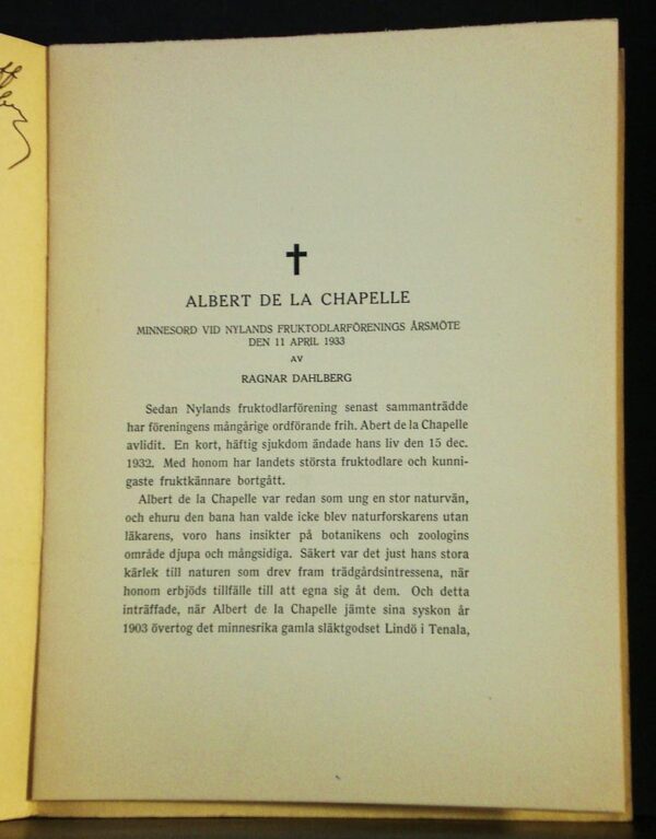 Albert de la Chapelle. Minnesord vid Nylands fruktodlarförenings årsmöte den 11 april 1933
