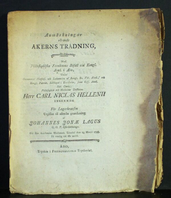 CARL NICLAS VON HELLENS Anmärkningar rörande åkerns trädning (1798)