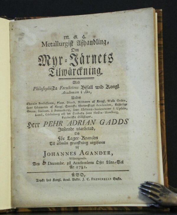 PEHR GADD Metallurgisk afhandling, om myr-järnets tilwärckning (1781)