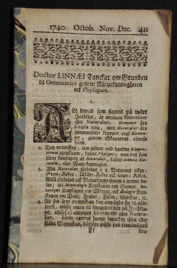 Doctor Linnaei Tanckar om Grunden til Oeconomien genem Naturkunnogheten och Physiquen (1740)