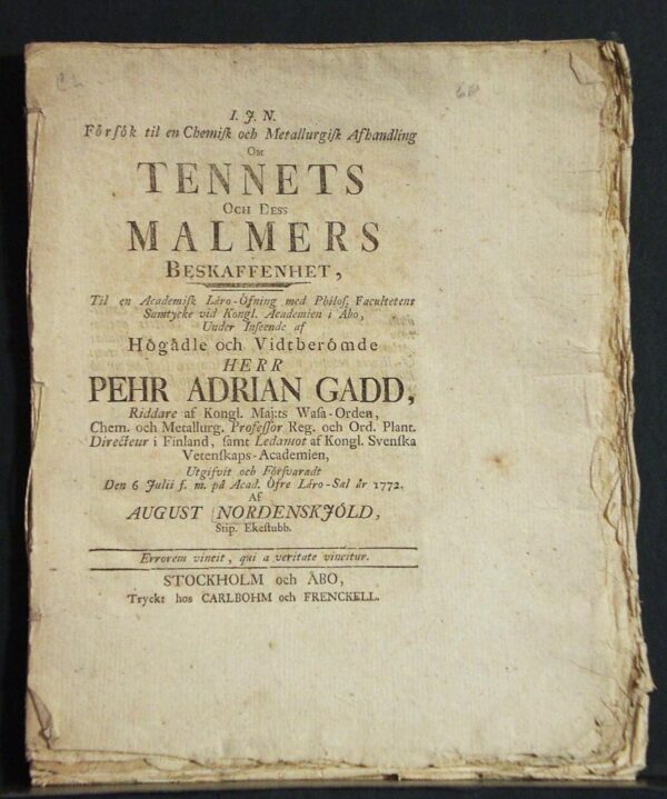PEHR GADD Om tennets och dess malmers beskaffenhet (1772)