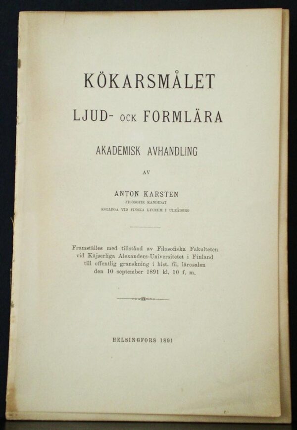 Anton Karsten Kökarsmålet, ljud- och formlära. Akademisk avhandling.
