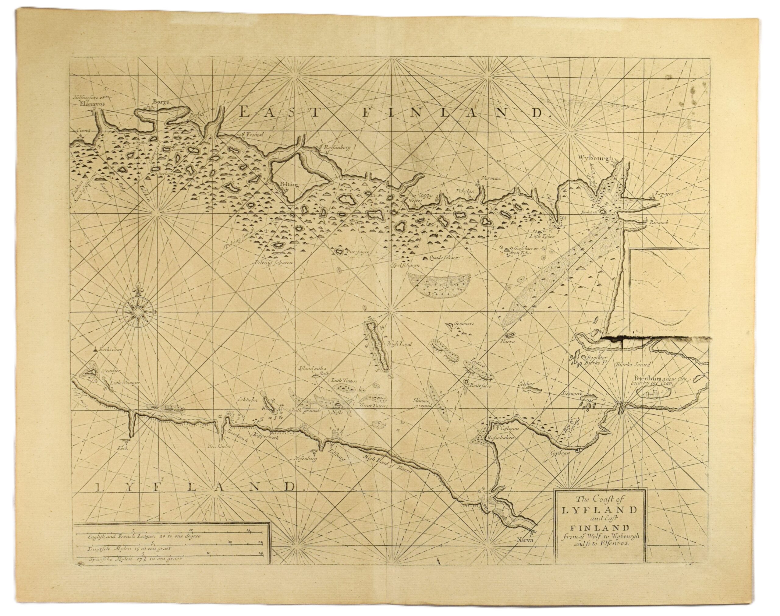 Antique sea chart of the Gulf of Finland by Mount & Page | Suomenlahden merikortti | Sjökort över Finska viken 1700