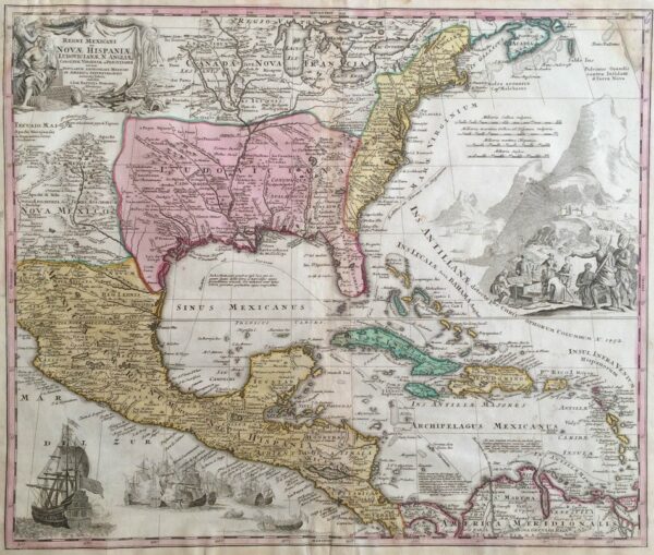 JOHANNES BAPTISTA HOMANN Regni Mexicani seu Novae Hispaniae, Floridae, Novae Angliae, Carolinae, Virginiae et Pensylvaniae (1720)