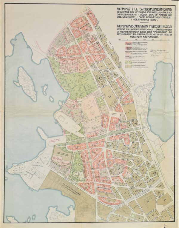 Ritning till Stadsplaneändring berörande det af Norra Järnvägs-, Alkärrs och Sandunddsgatorna i söder samt ad Nimrod- och Grejusgatorna i norr begränsade område i Helsingfors stad